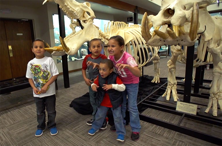4 children standing in front of two skeleton